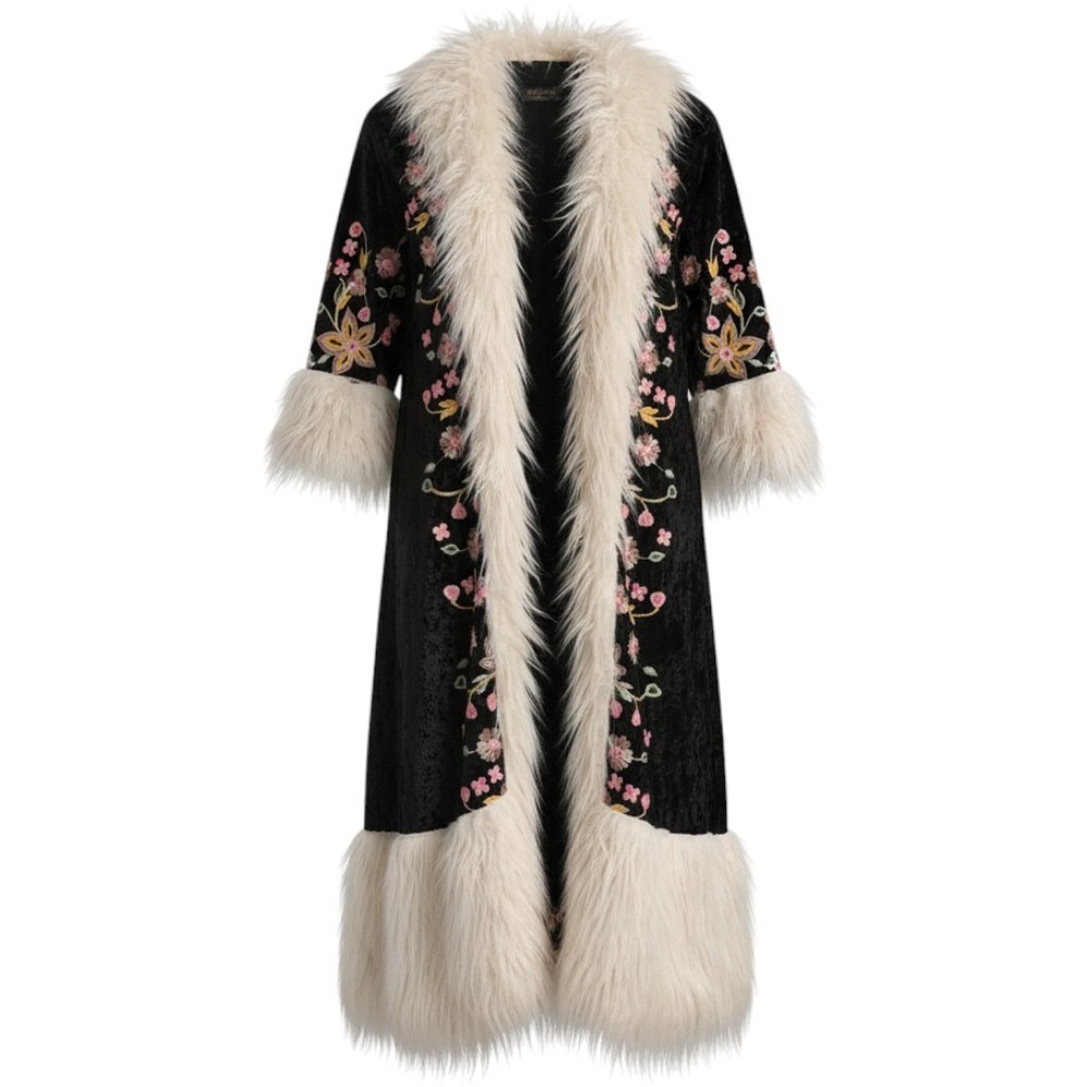 Jennafer Grace Limited Edition Floral Embroidered Velvet Faux Fur Trim Coat S